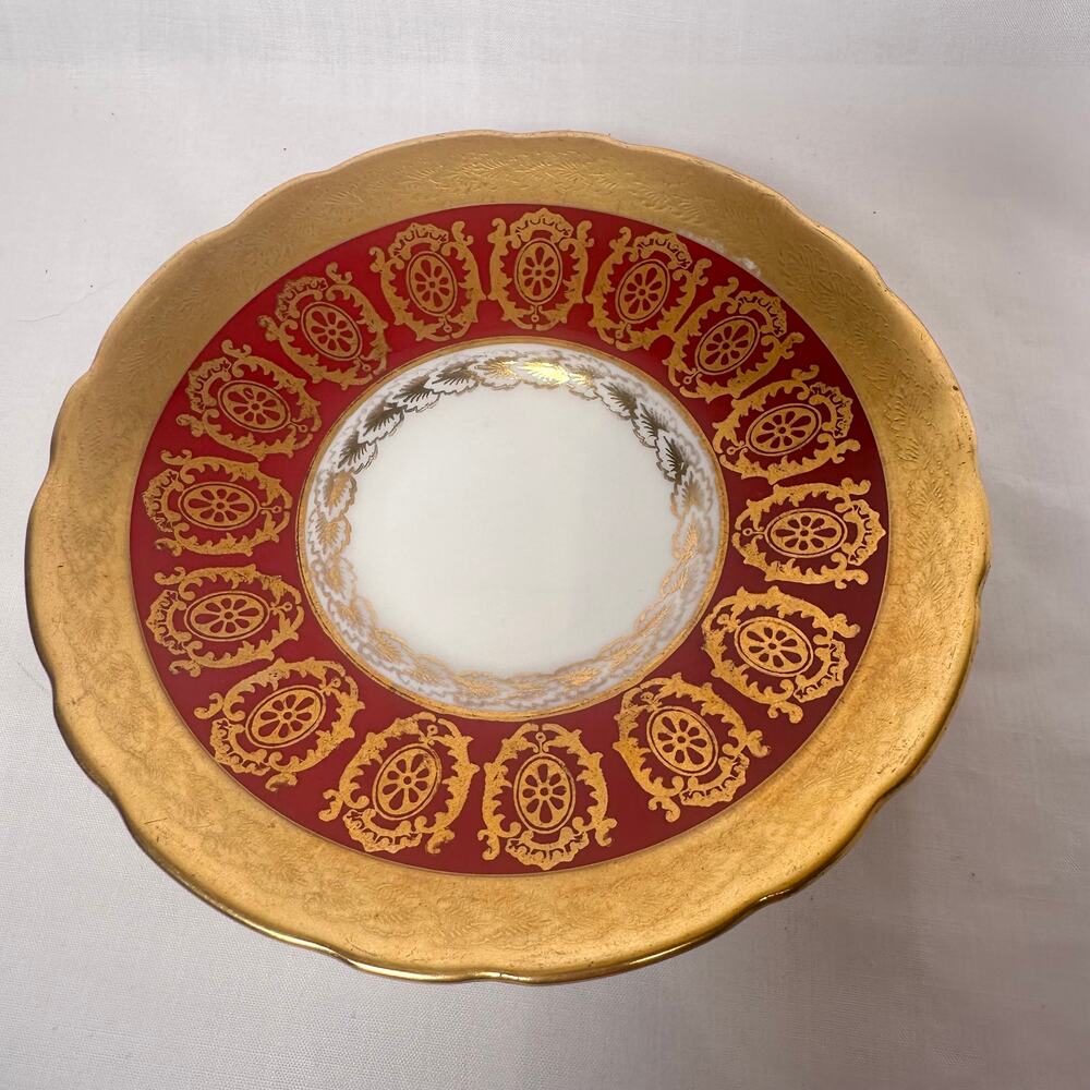 Royal Stafford England Burgundy Scalloped Rim Saucer Heavy Gold Gilding Ornate
